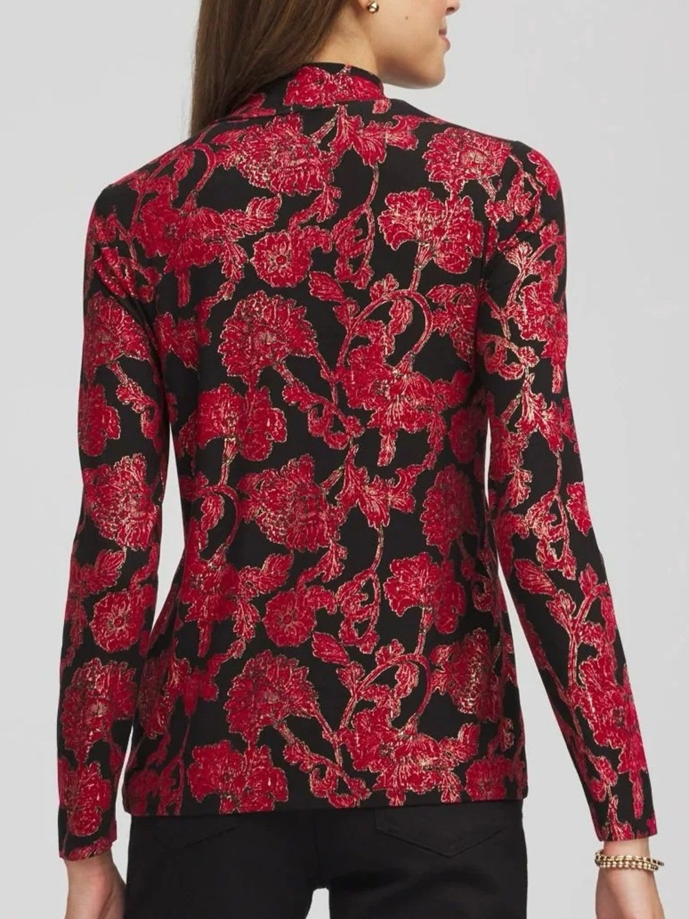NWT Chico's 2 Touch Of Cool Carmine Red Floral Mock Neck Top US Size L - Picture 2 of 10